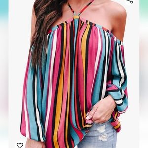 Casual Summer Top Slash neck Long Sleeve Blouse Rainbow Cold Shoulder size Small